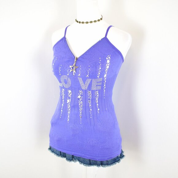 VTG 00s Y2K Gyaru Periwinkle Blue Purple Rhinestone Studded Cami Top Size Small - Picture 2 of 6